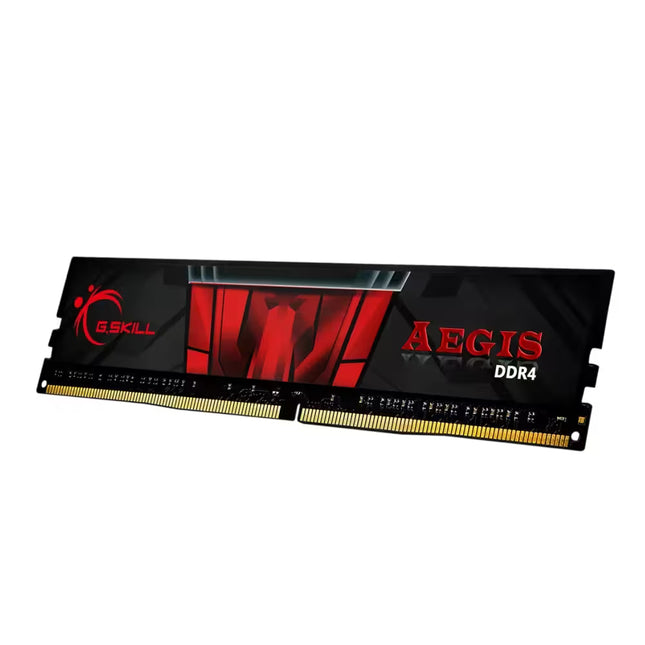 A single G.Skill Aegis DDR4 RAM module with a black and red heatpipe design, shown at an angle on a plain white background.