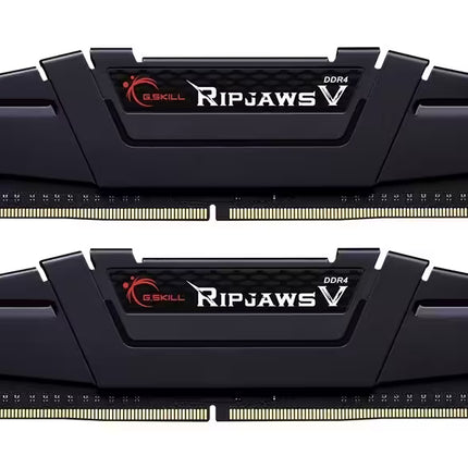 Front view of a G.SKILL Ripjaws V DDR4 memory kit featuring two black desktop RAM modules with aluminum heat spreaders and gold-plated contacts on a white background.