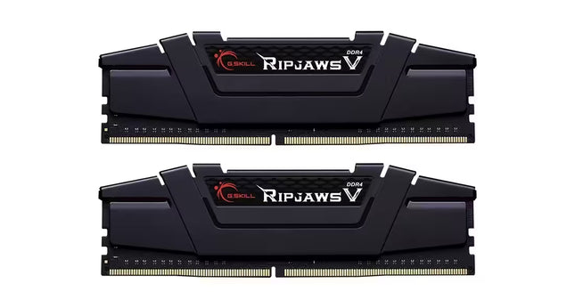 Front view of a G.SKILL Ripjaws V DDR4 memory kit featuring two black desktop RAM modules with aluminum heat spreaders and gold-plated contacts on a white background.