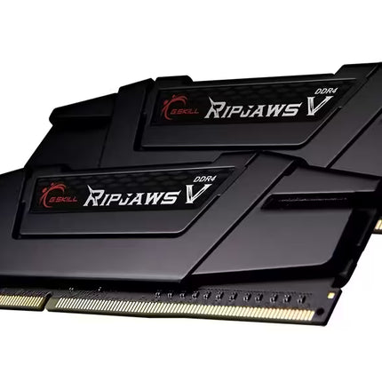 Angled view of the G.SKILL Ripjaws V DDR4 desktop memory kit showing two black RAM modules with low-profile heat spreaders and gold edge connectors on a white background.