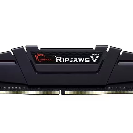 Front view of a single G.SKILL Ripjaws V DDR4 desktop RAM module with a black aluminum heat spreader, Ripjaws V branding, and gold-plated contacts on a white background.