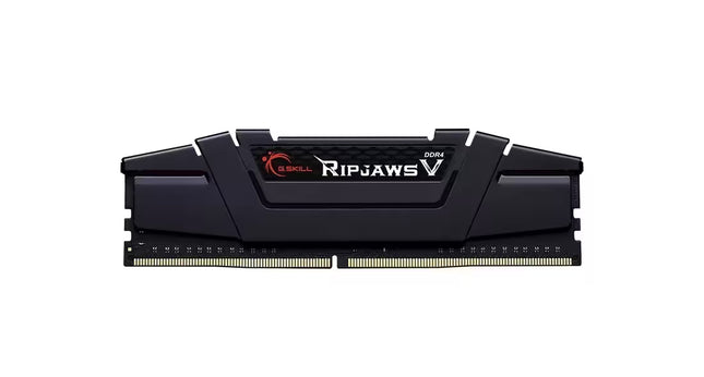 Front view of a single G.SKILL Ripjaws V DDR4 desktop RAM module with a black aluminum heat spreader, Ripjaws V branding, and gold-plated contacts on a white background.