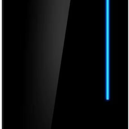Front view of the Gigabyte C200 Glass PC case featuring a sleek black tempered glass panel with a vertical blue RGB LED strip accent near the top right.