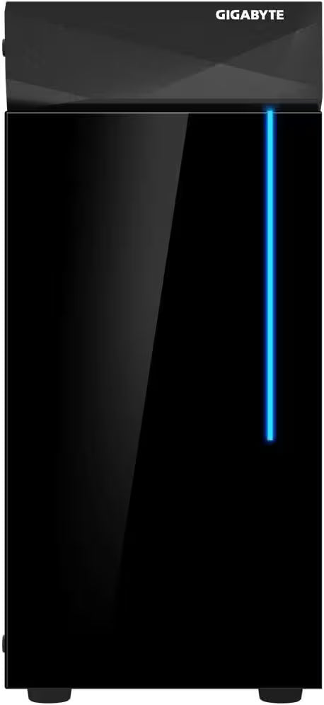 Front view of the Gigabyte C200 Glass PC case featuring a sleek black tempered glass panel with a vertical blue RGB LED strip accent near the top right.