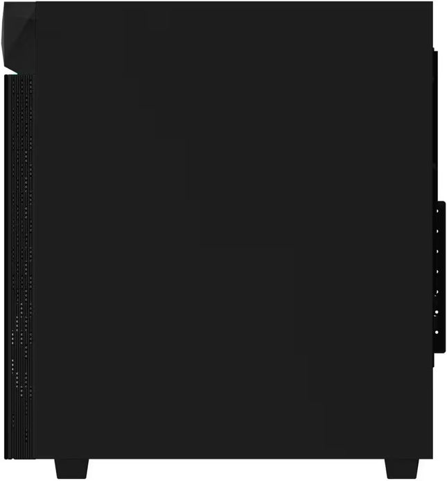 Right side view of the Gigabyte C200 Glass PC case showing the solid matte black metal panel and ventilated edge ventilation near the front.