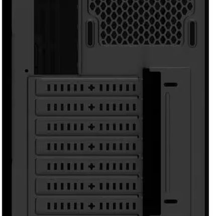 Rear view of the Gigabyte C200 Glass PC case showing the 120mm exhaust fan mesh grill, 7 PCIe expansion slot covers, and the bottom power supply cutout.