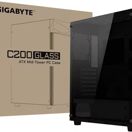 The Gigabyte C200 Glass ATX Mid-Tower PC case displayed next to its official brown cardboard packaging box showcasing technical diagrams.