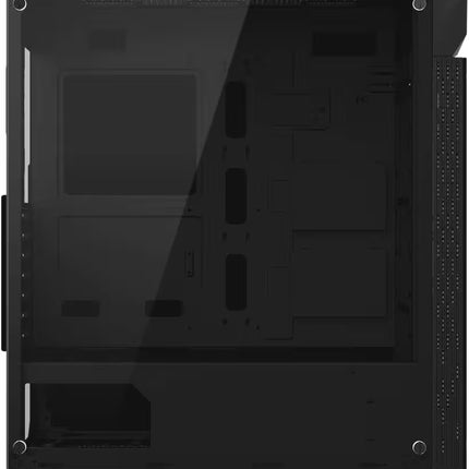Left side profile view of the Gigabyte C200 Glass PC case showing the full-window clear tempered glass panel revealing the clean all-black interior and PSU shroud.