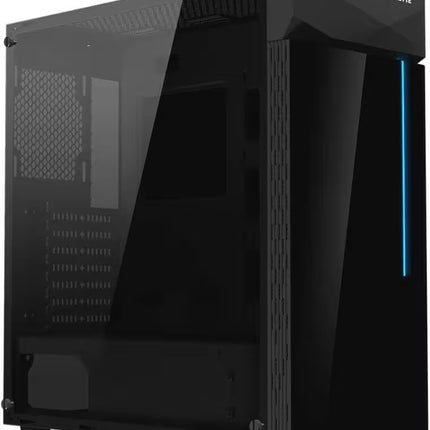 Three-quarter perspective view of the Gigabyte C200 Glass PC case highlighting the front and side tempered glass panels, front RGB accent strip, and triangular top design elements.