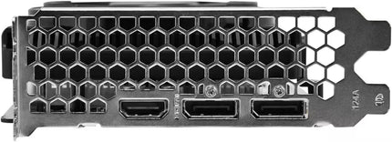 Close-up of the rear panel of a graphics card showing three HDMI ports, a DisplayPort, and a small connector, with a black honeycomb-patterned metal shroud.