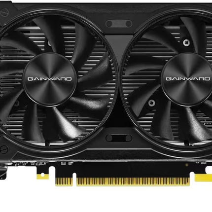 A Gainward graphics card featuring a dual-fan cooling system with black fans and a black shroud, shown from a top-down angle against a white background.