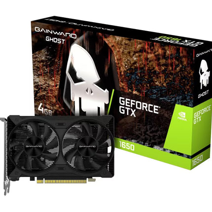 Gainward Ghost GeForce GTX 1650 4GB graphics card shown in front of its retail packaging box on a plain white background.