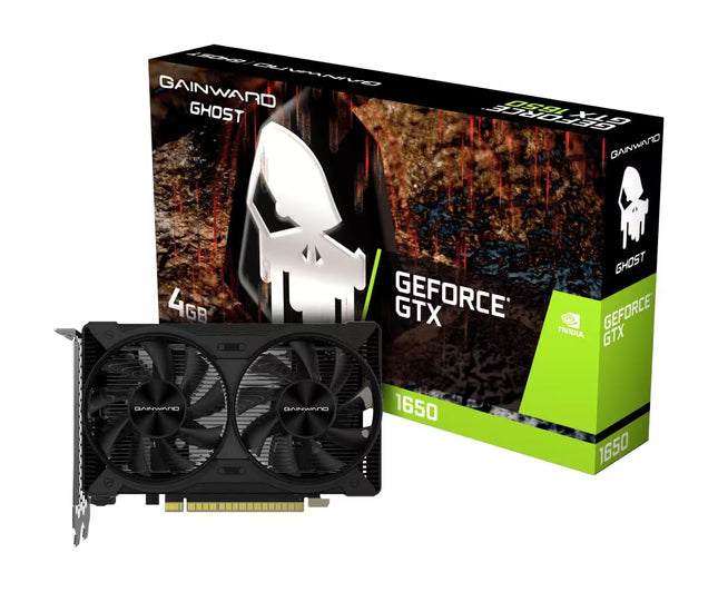 Gainward Ghost GeForce GTX 1650 4GB graphics card shown in front of its retail packaging box on a plain white background.