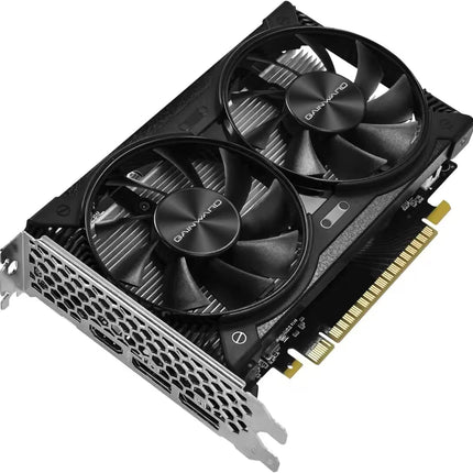 graphics card with a dual-fan cooling system, featuring a silver metal heat sink and a gold PCIe connector, shown on a solid white background.