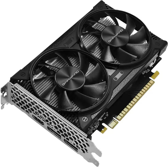 graphics card with a dual-fan cooling system, featuring a silver metal heat sink and a gold PCIe connector, shown on a solid white background.