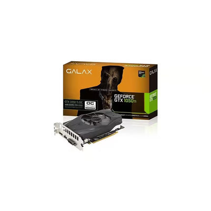 A GALAX GeForce GTX 1050 Ti graphics card shown in front of its retail packaging box on a clean white background.