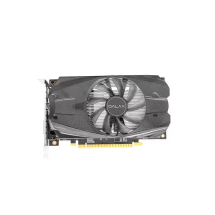 A GALAX graphics card with a dual-fan cooling system, featuring a black and gray shroud and a gold PCI-E connector, shown against a plain white background.