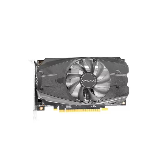 A GALAX graphics card with a dual-fan cooling system, featuring a black and gray shroud and a gold PCI-E connector, shown against a plain white background.