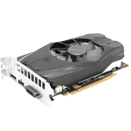 GALAX GeForce GTX graphics card with single cooling fan, black shroud, PCIe interface, and DisplayPort, HDMI, and DVI outputs shown on a white background.