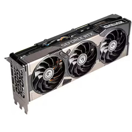 An isometric high-angle shot of a GALAX GeForce RTX graphics card, featuring a sleek grey and black shroud with three cooling fans and a visible metal mounting bracket on a clean white background.