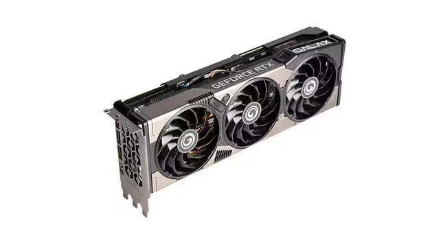 An isometric high-angle shot of a GALAX GeForce RTX graphics card, featuring a sleek grey and black shroud with three cooling fans and a visible metal mounting bracket on a clean white background.