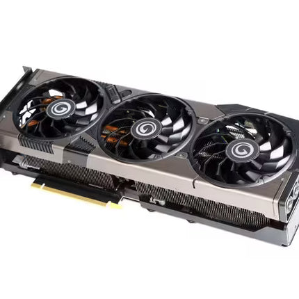 A three-fan graphics card with a dark gray and black metal shroud, featuring a gold PCIe connector at the bottom, shown on a plain white background.
