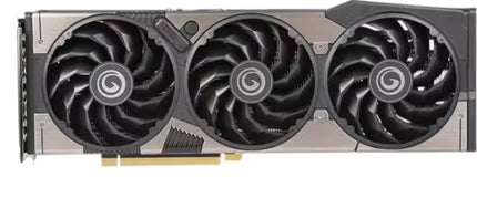 A three-fan desktop graphics card with a metallic silver and dark gray shroud, featuring a gold PCIe connector at the bottom, shown against a plain white background.
