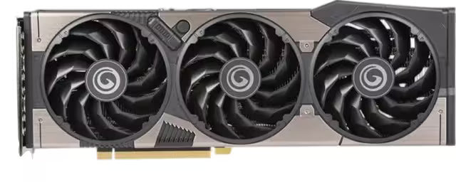 A three-fan desktop graphics card with a metallic silver and dark gray shroud, featuring a gold PCIe connector at the bottom, shown against a plain white background.