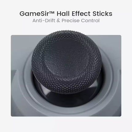 Close-up of a dark textured GameSir Hall Effect Stick inside a gray circular housing, with text above reading 'GameSir Hall Effect Sticks' and 'Anti-Drift & Precise Control'.
