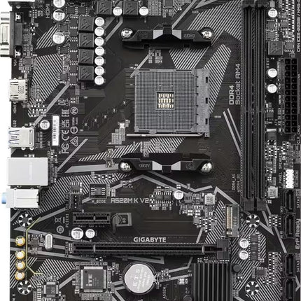 Gigabyte A520MKV2 DDR4 desktop motherboard in black and gray, featuring a CPU socket, RAM slots, PCIe slot, and various I/O ports.