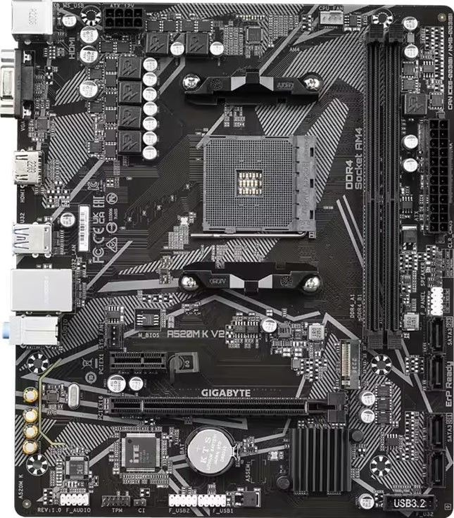 Gigabyte A520MKV2 DDR4 desktop motherboard in black and gray, featuring a CPU socket, RAM slots, PCIe slot, and various I/O ports.