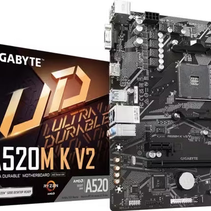 Gigabyte A520M K V2 motherboard shown next to its retail packaging box on a plain white background.
