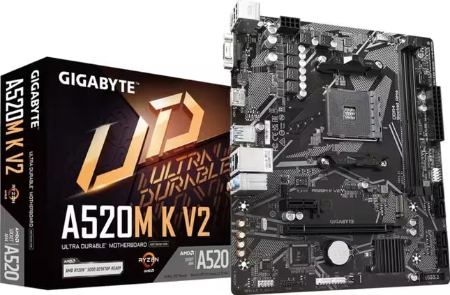 Gigabyte A520M K V2 motherboard shown next to its retail packaging box on a plain white background.