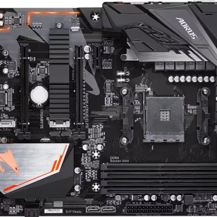A top-down view of a Gigabyte AORUS Z690 EVO RAM DDR5 motherboard, featuring a black PCB with silver and orange accents, a CPU socket, RAM slots, and various electronic components.