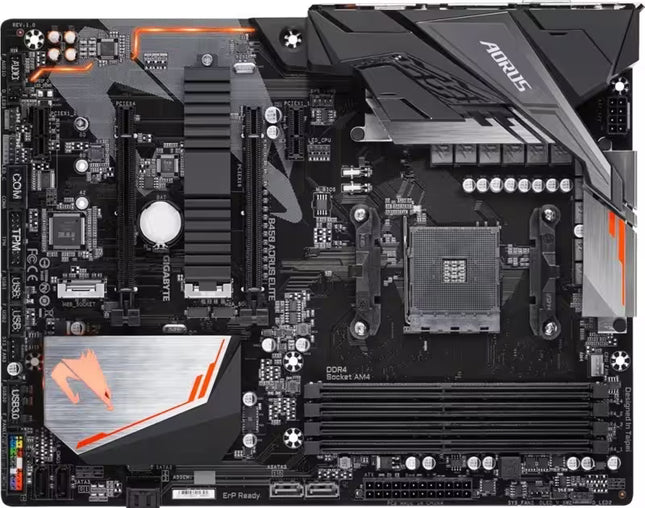 A top-down view of a Gigabyte AORUS Z690 EVO RAM DDR5 motherboard, featuring a black PCB with silver and orange accents, a CPU socket, RAM slots, and various electronic components.