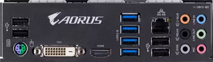 Rear I/O panel of an AORUS desktop computer motherboard, featuring USB 3.0 ports, DVI and HDMI outputs, audio jacks, and a rear Ethernet port on a black panel.