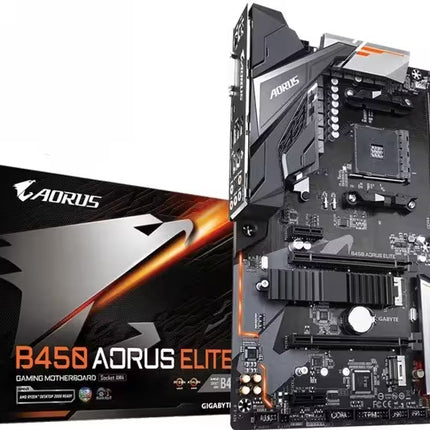 A Gigabyte Aorus B450A Elite gaming motherboard shown next to its retail packaging box on a clean white background.