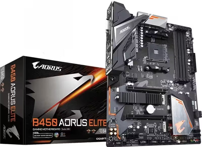 A Gigabyte Aorus B450A Elite gaming motherboard shown next to its retail packaging box on a clean white background.