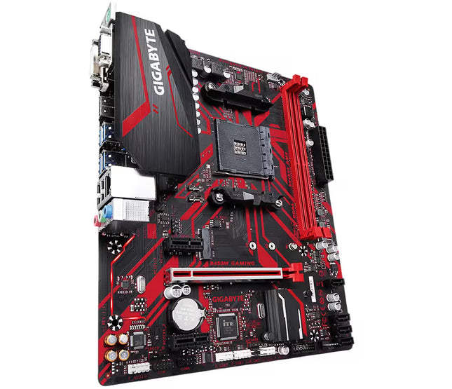Angled product shot of a Gigabyte B450M GAMING micro-ATX motherboard, highlighting its black and red PCB design, AM4 CPU socket, and armored PCIe slot.