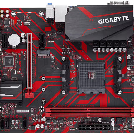 Top-down flat layout view of the Gigabyte B450M GAMING AMD motherboard, showcasing the AM4 socket, two red DDR4 RAM slots, M.2 slot, and SATA connectors.