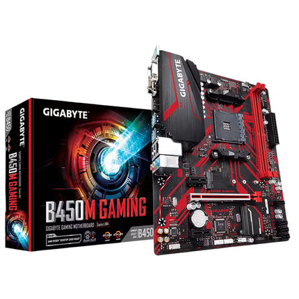 Gigabyte B450M GAMING motherboard displayed next to its official retail product box featuring the B450 chipset and AMD Ryzen desktop compatibility badges.