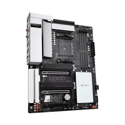 A Gigabyte Z790 AORUS desktop motherboard with a black PCB, white heatsinks, and a white PCIe storage enclosure, shown on a solid white background.