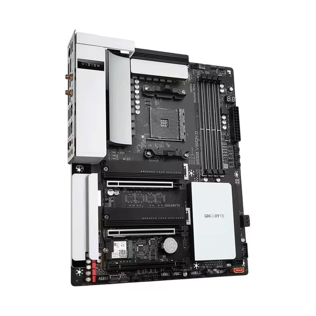 A Gigabyte Z790 AORUS desktop motherboard with a black PCB, white heatsinks, and a white PCIe storage enclosure, shown on a solid white background.