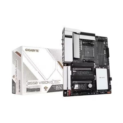 Gigabyte B550 VISION 7 motherboard shown next to its retail packaging box on a plain white background.