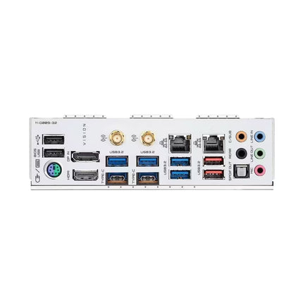 A white computer motherboard rear I/O expansion panel with various ports including USB 3.0, USB 3.