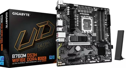 Gigabyte B780M DS3H WiFi6 DDR4 Gen5 motherboard shown next to its retail packaging box and a small stand on a white background.