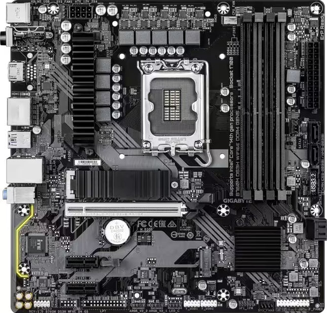 A top-down view of a Gigabyte LGA1200 desktop motherboard with a black PCB, silver CPU socket, and multiple black and silver components and heatsinks.