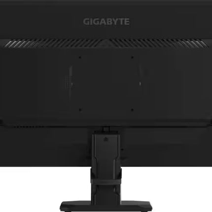 Direct rear view of a matte black Gigabyte gaming monitor showing the stand and VESA mount area.