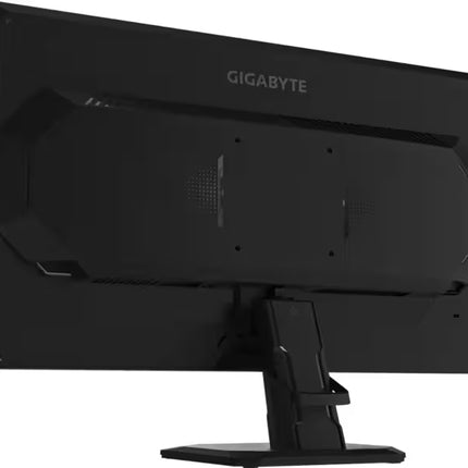 Rear view of a Gigabyte gaming monitor from a left-side angle, displaying the clean back design and stand.