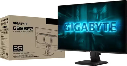 Gigabyte GS25F2 gaming monitor standing next to its original cardboard retail packaging box.